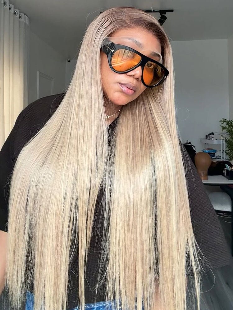 Blonde Ombre Wig Straight Human Hair 13x6 Frontal Wig With Dark Roo…