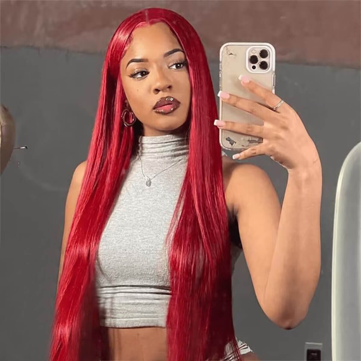 Red Color Straight Hair 13x6 Lace Front Wigs 200% Density Pre-pluck…